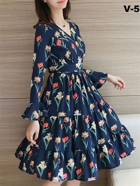 V5 Navy Blue Flower Printed One Piece Dress The Jt Store Frock For