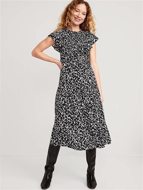 Old Navy Fit And Flare Flutter Sleeve Tiered Smocked Midi Dress For Women
