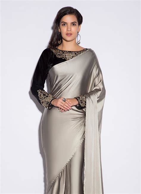 Black And Grey Satin Saree Lashkaraa Satin Saree Indian Saree Blouses Designs Stylish Sarees