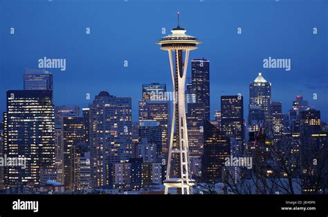 Seattle City Lights At Night The Skyline With Space Needle Seattle