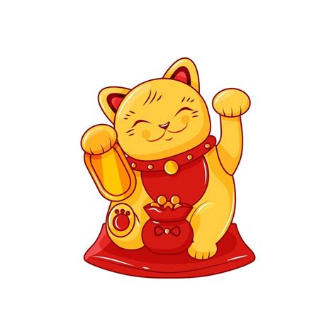 Golden Japanese Cat Maneki Neko With A Raised Paw And A Bag Of Money