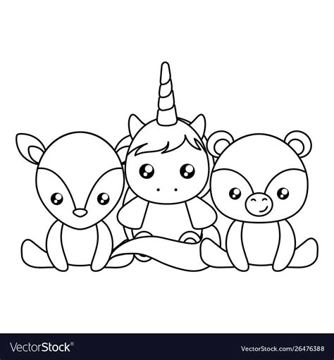 Cute Little Unicorn With Bear And Reindeer Baby Vector Image