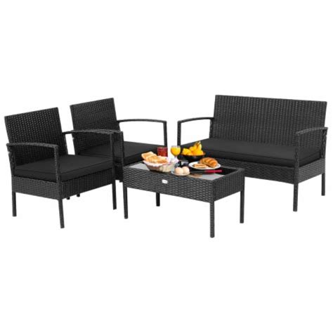 Gymax 4pcs Rattan Patio Conversation Set Outdoor Wicker Furniture Set W
