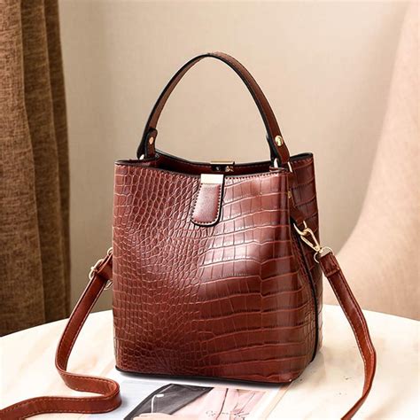 Buy Women Crocodile Pattern Bucket Handbag Shoulder Messenger Bags