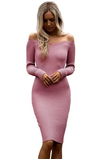 2017new Arrival Winter Club Dresses Knee Lenght Women Off Shoulder Sexy Long Sleeve Rib Knit
