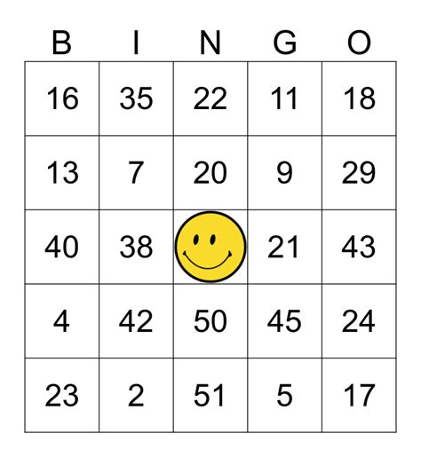 Numbers 1 60 Bingo Card