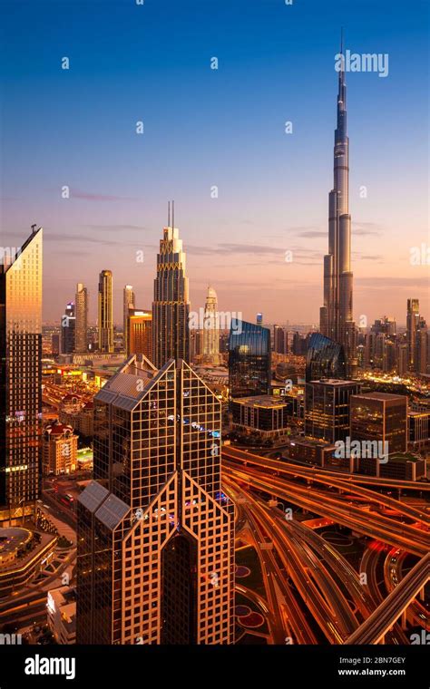 The View Of Dubai Skyline At Dusk Uae Stock Photo Alamy