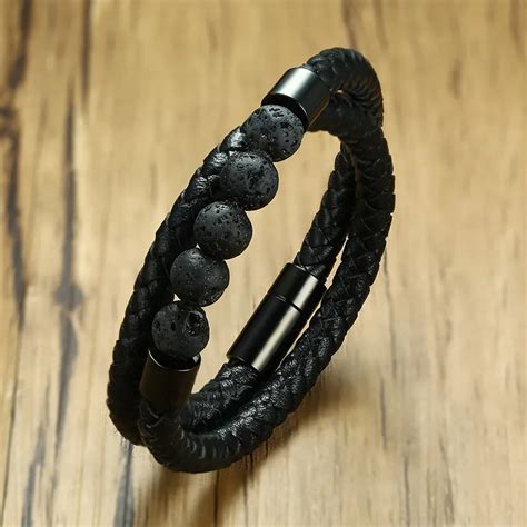 Luxury Black Color Double Braid Leather Men Bracelet With Nature Lave Stone Bead Health Healing