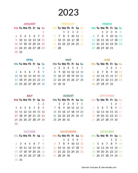 2023 Colorful Yearly Excel Calendar Free Printable Templates