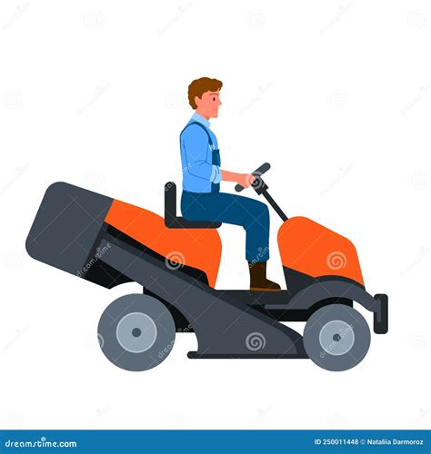Man Mowing Grass With Lawn Mower Tractor Male Farmer And Driver Riding