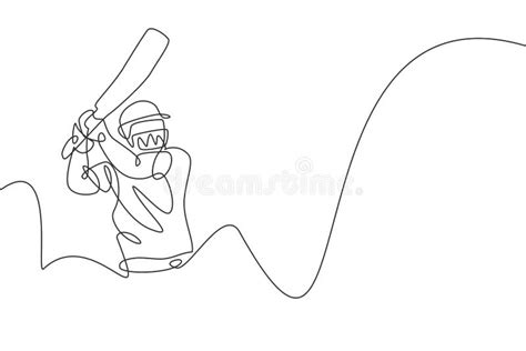 One Single Line Drawing Of Young Energetic Man Cricket Player Practice