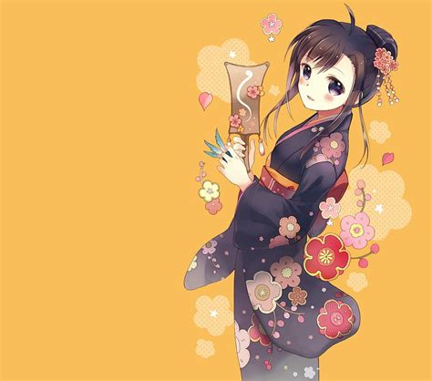 Kimono Pretty Orange Floral Sweet Nice Anime Yukata Hot Anime