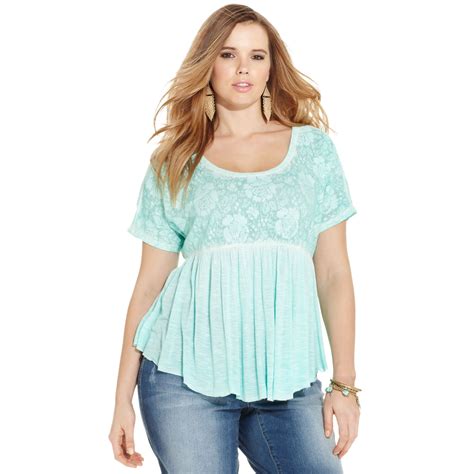 Jessica Simpson Plus Size Shortsleeve Lace Babydoll Top In Turquoise