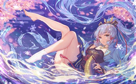 Armor A Ton Barefoot Blue Eyes Blue Hair Breast Hold Cherry Blossoms