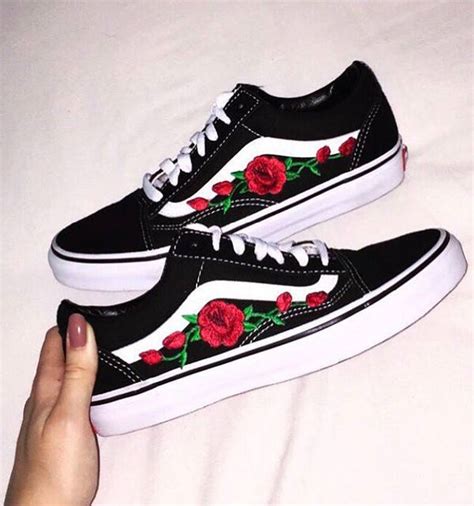 Red Rose Embroidered Old Skool Vans Off The Wall Sneakers New Etsy