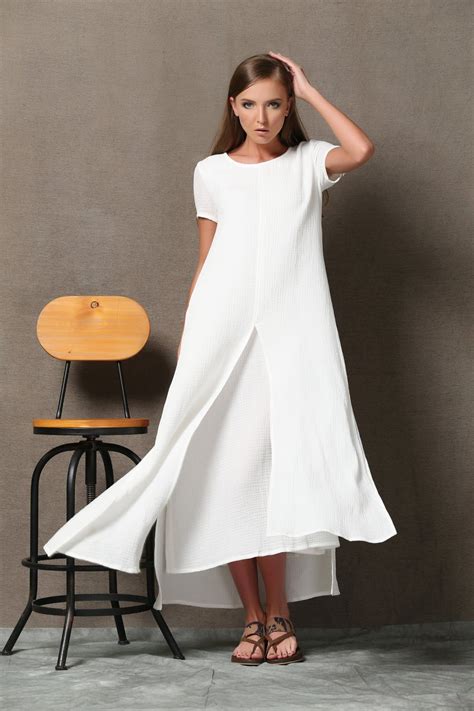 Short Sleeve White Maxi Linen Dress For Women Summer Cotton Etsy