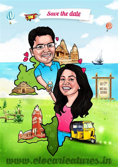 indian couple caricature  states theme wedding