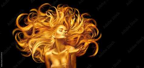 Golden Beauty Woman Sexy Model Girl With Golden Makeup And Long Hair