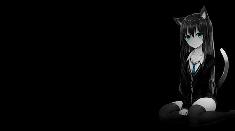 anime girls black background dark background simple background selective coloring cat girl cat