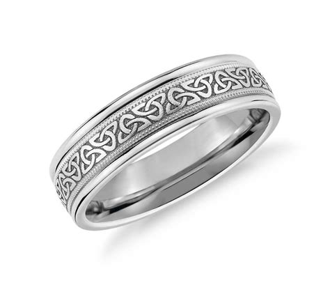Celtic Trinity Knot Inlay Wedding Band In 14k White Gold 6mm Blue