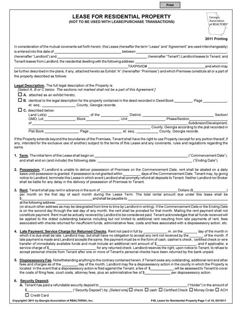Printable Residential Lease Agreement