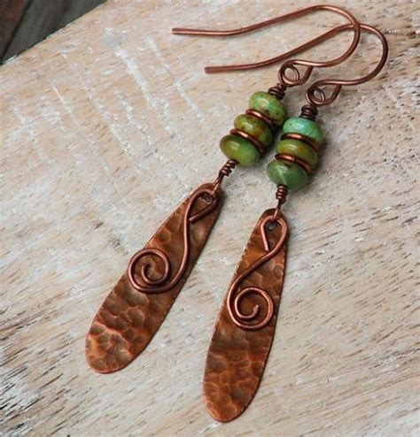 Green Turquoise Southwest Earrings Hammered Copper Dangle 22 0