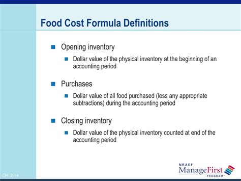 Monthly food costs are determined by taking a monthly physical inventory of food stock, evaluating the inventory, and then adjusting the valuation to more accurately reflect the cost of food consumed. PPT - Calculating Food Cost PowerPoint Presentation, free ...