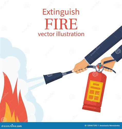 Extinguish Fire Fireman Hold In Hand Fire Extinguisher Cartoon Vector