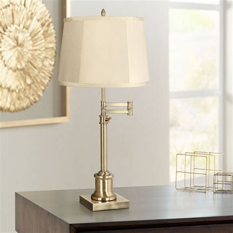 360 Lighting Swing Arm Desk Table Lamp Antique Brass Beige Fabric Drum