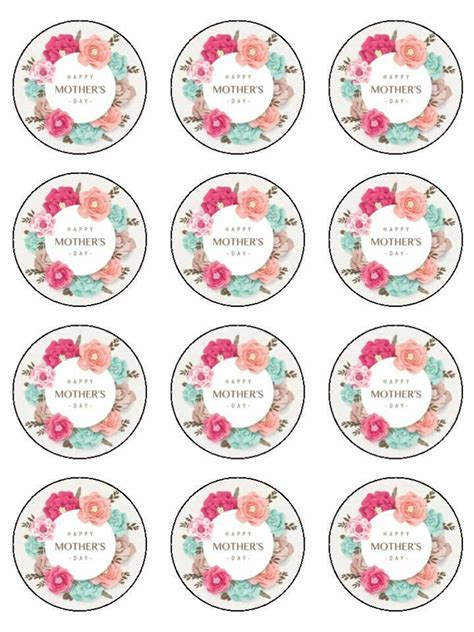 Floral Happy Mothers Day Edible Printed Cupcake Toppers Wafer Or Icing