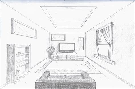 One Point Perspective Drawing Of A Bedroom