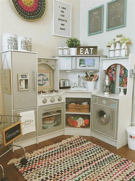 See more ideas about diy play kitchen, playroom, diner decor. Cute play kitchen setup | Kids play kitchen, Play kitchen ...