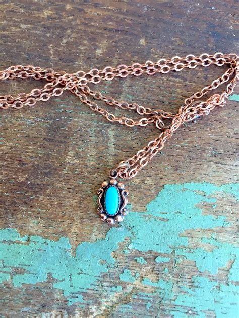 Vintage Small South West Copper Turquoise Pendant Necklace Etsy