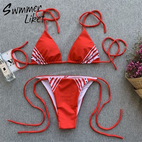 Halter String Swimsuit 2019 Red Brazil Bikini Triangle Push Up Swimwear Women Bathers Micro