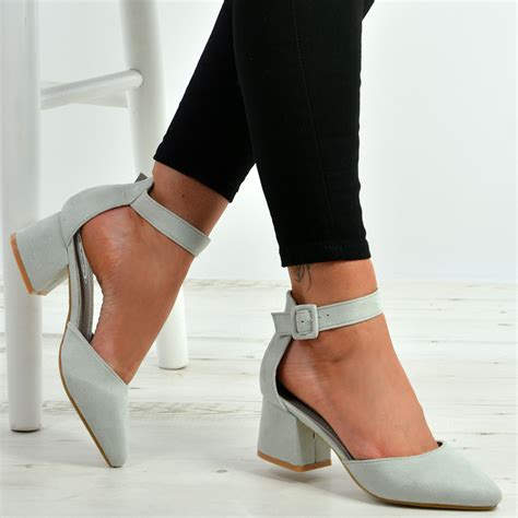 New Womens Ankle Strap Pumps Ladies Low Mid Block Heel Pointed Shoes