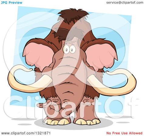 Clipart Of A Cartoon Woolly Mammoth Over A Tilted Blue Square Royalty