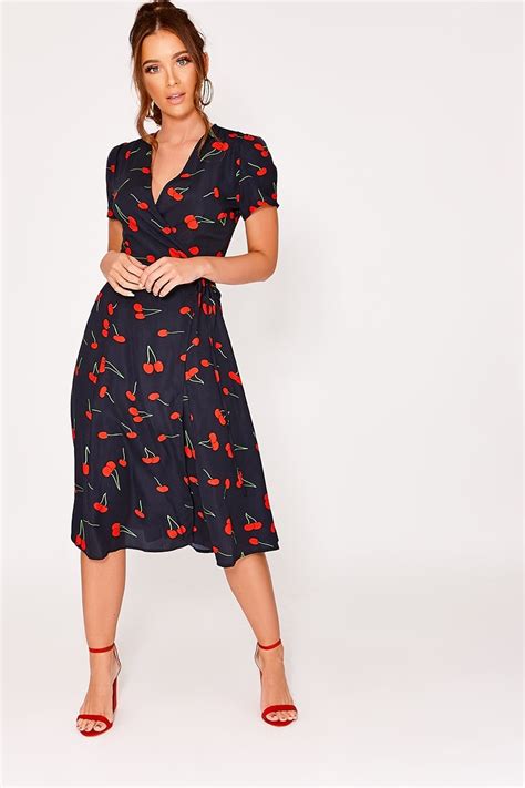 Navy Cherry Print Wrap Front Midi Dress In The Style