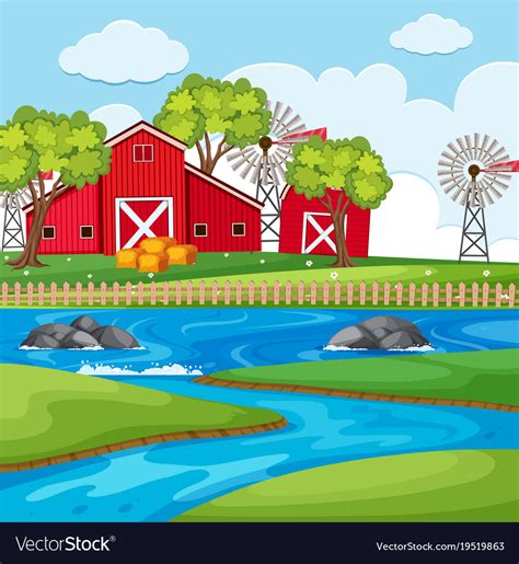 Farm Scene With Barns And River Royalty Free Vector Image