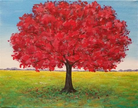 Red Oak Tree Fall Landscape Painting Red Oak Tree Acrylic Painting