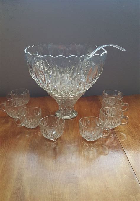 Elegant Crystal Punch Bowl And Cup Set With Hooks And Ladle Etsy
