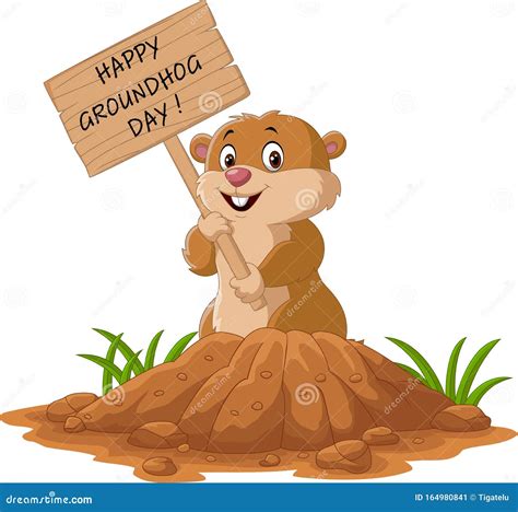Happy Groundhog Day Funny Groundhog Holding Wooden Sign Vector Illustration