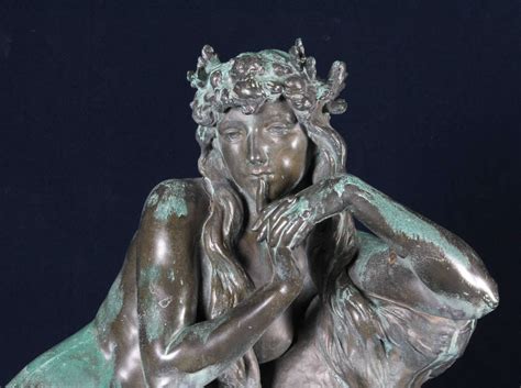 A Kuhne Pair Of Patinated Bronze Seated Nymphs With Stags Signed 1890
