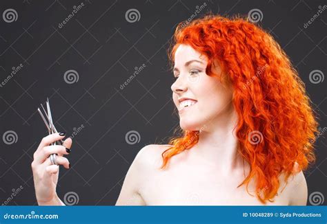 Redhead With Scissors Stock Image Image Of Long Haircut 10048289