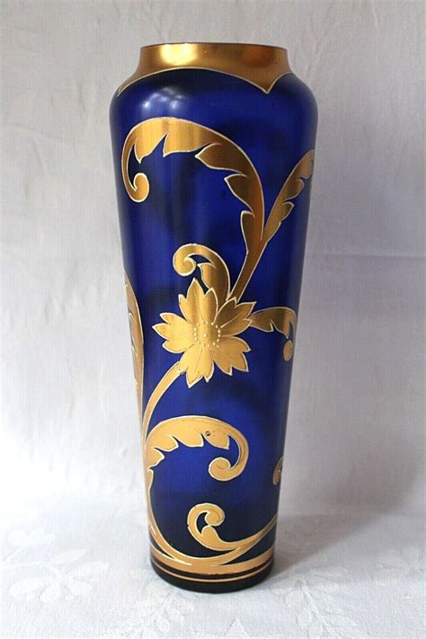 Antique Art Nouveau Josephinenhutte Gilded Cobalt Blue Glass Vase C 1900 Ebay