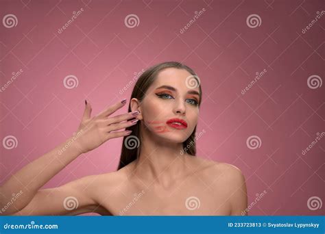 Messed Up Red Lipstick On Her Face Fashion Model Beautiful Woman With Long Straight Hair