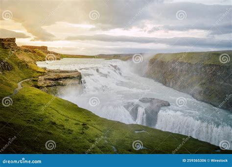 Scenic Shot Of The Gullfoss Waterfall With Surrounding Fields Under The