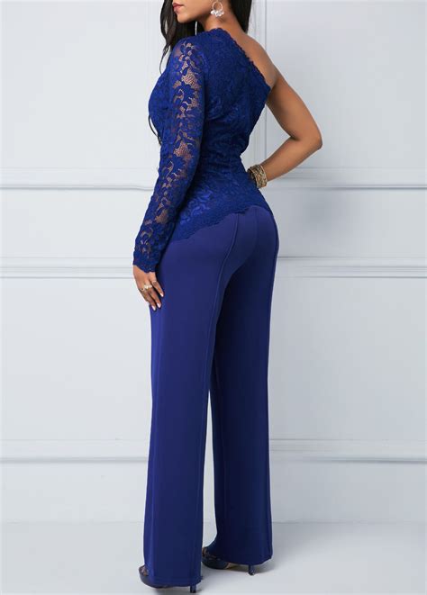 Lace Panel One Sleeve Royal Blue Jumpsuit Usd 3065