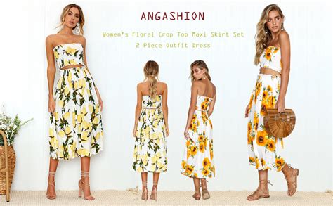 angashion women s floral crop top maxi skirts set 2 piece outfit dress clothing