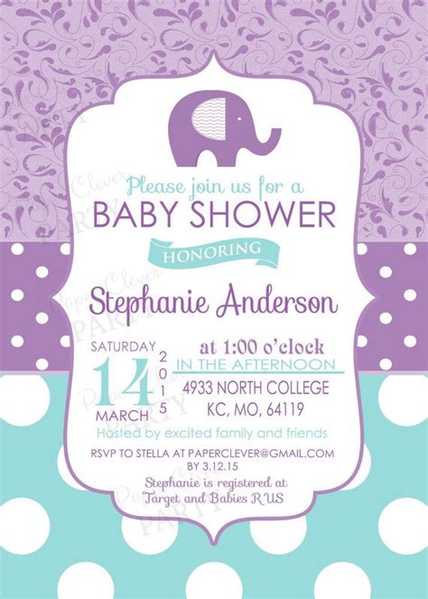 purple elephant invitation  girls baby shower charming