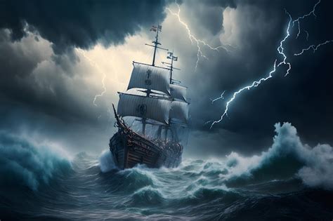 Premium Photo A Medieval Ship Battles A Fierce Storm At Sea With